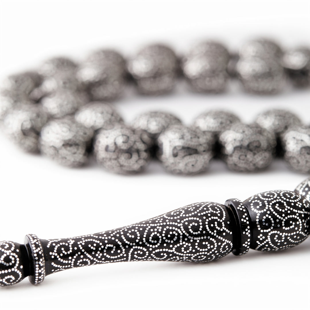 The Serene Spirals Masterclass Misbaha- Ebony and Fine Silver (999) : 33 Beads, 13mm