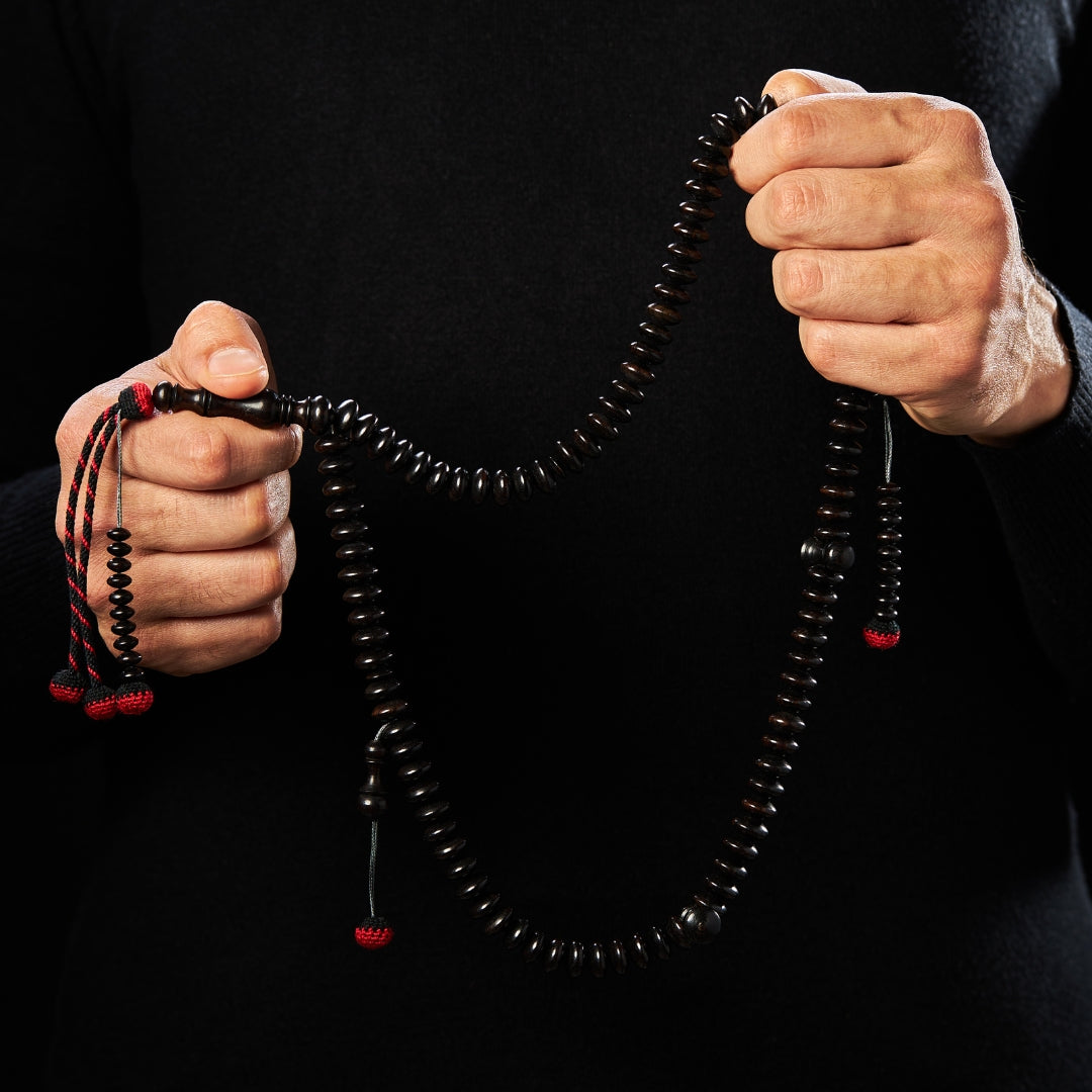 The Dignified Disks Misbaha (Artisanal Tassels): Exotic Ebony - 100 Beads, 12mm