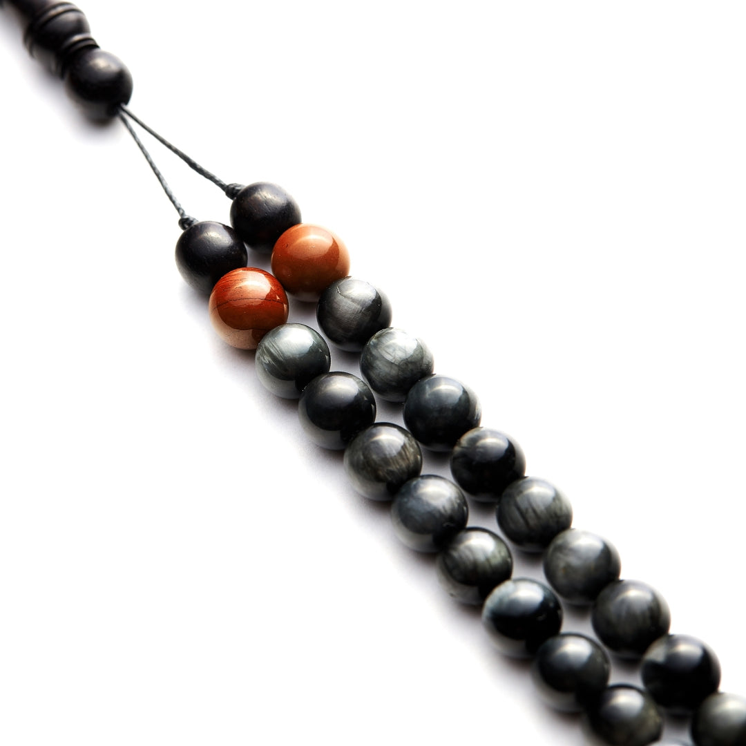 The Falcon Misbaha Bracelet: Red Jasper, Hawk’s Eye & Ebony - 99 Beads, 8mm