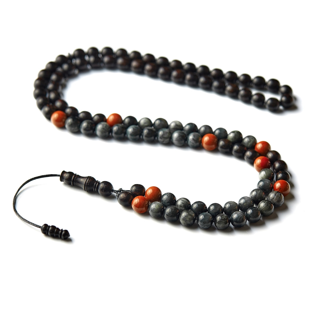 The Falcon Misbaha Bracelet: Red Jasper, Hawk’s Eye & Ebony - 99 Beads, 8mm