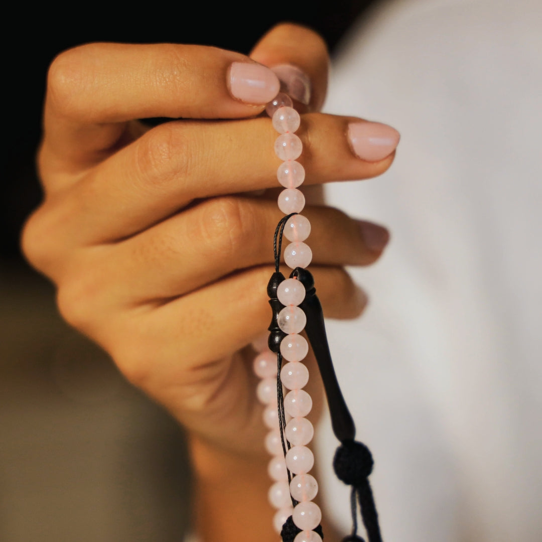 The Lady Misbaha: Rose Quartz and Ebony - 100 Beads, 6mm