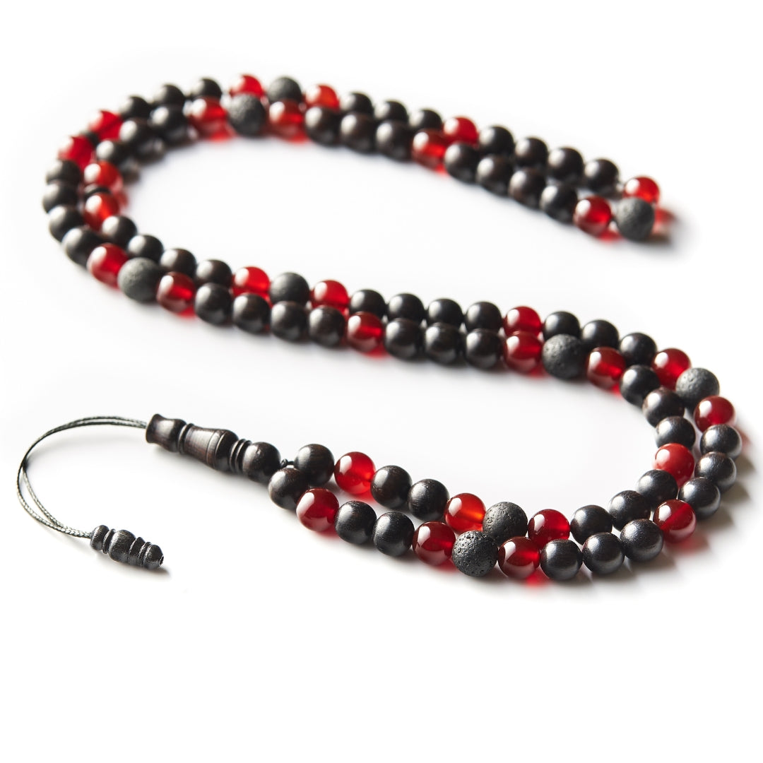 The Companion Misbaha Bracelet: Aqeeq, Ebony, and Lava - 99 Beads, 8mm