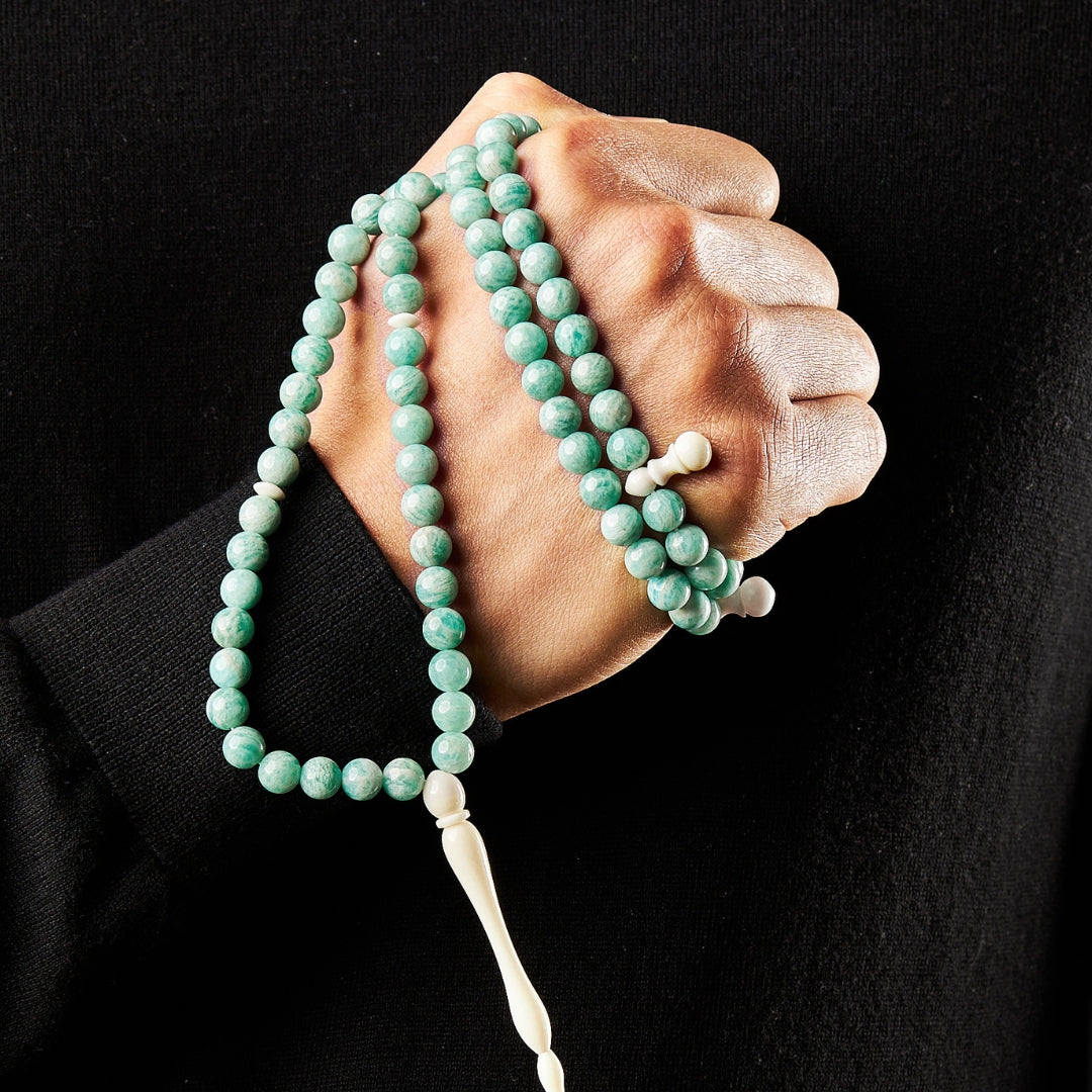 The Oceana Misbaha: Amazonite and Dromedary - 99 Beads, 8mm