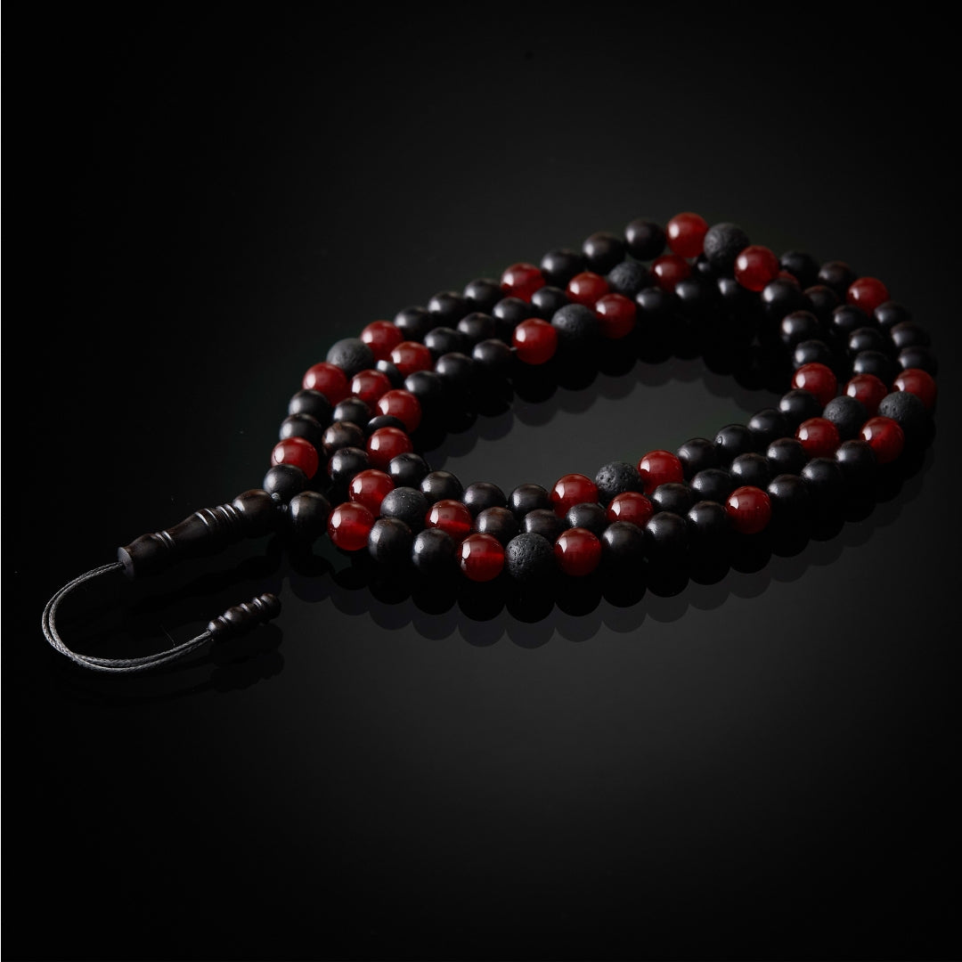 The Companion Misbaha Bracelet: Aqeeq, Ebony, and Lava - 99 Beads, 8mm
