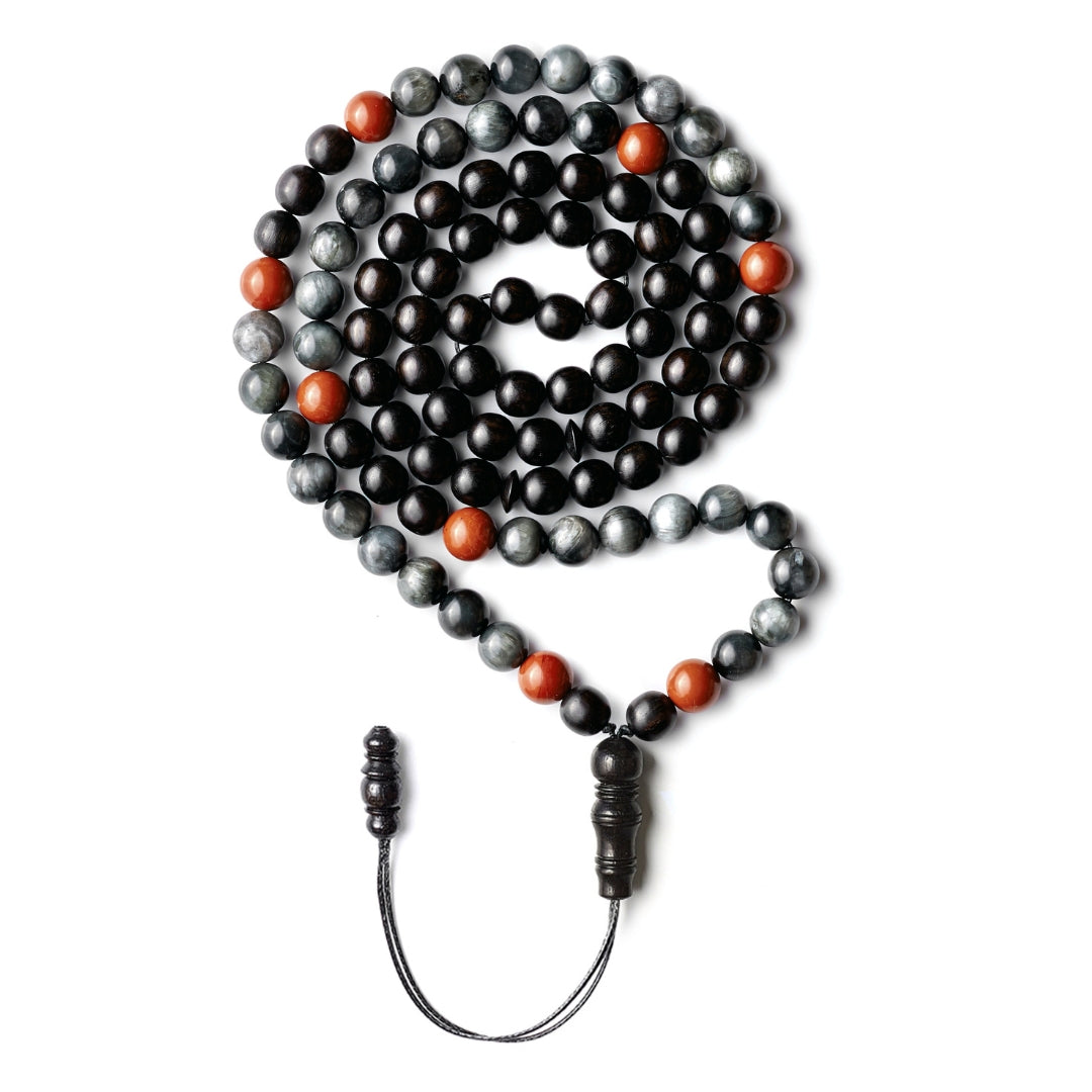 The Falcon Misbaha Bracelet: Red Jasper, Hawk’s Eye & Ebony - 99 Beads, 8mm