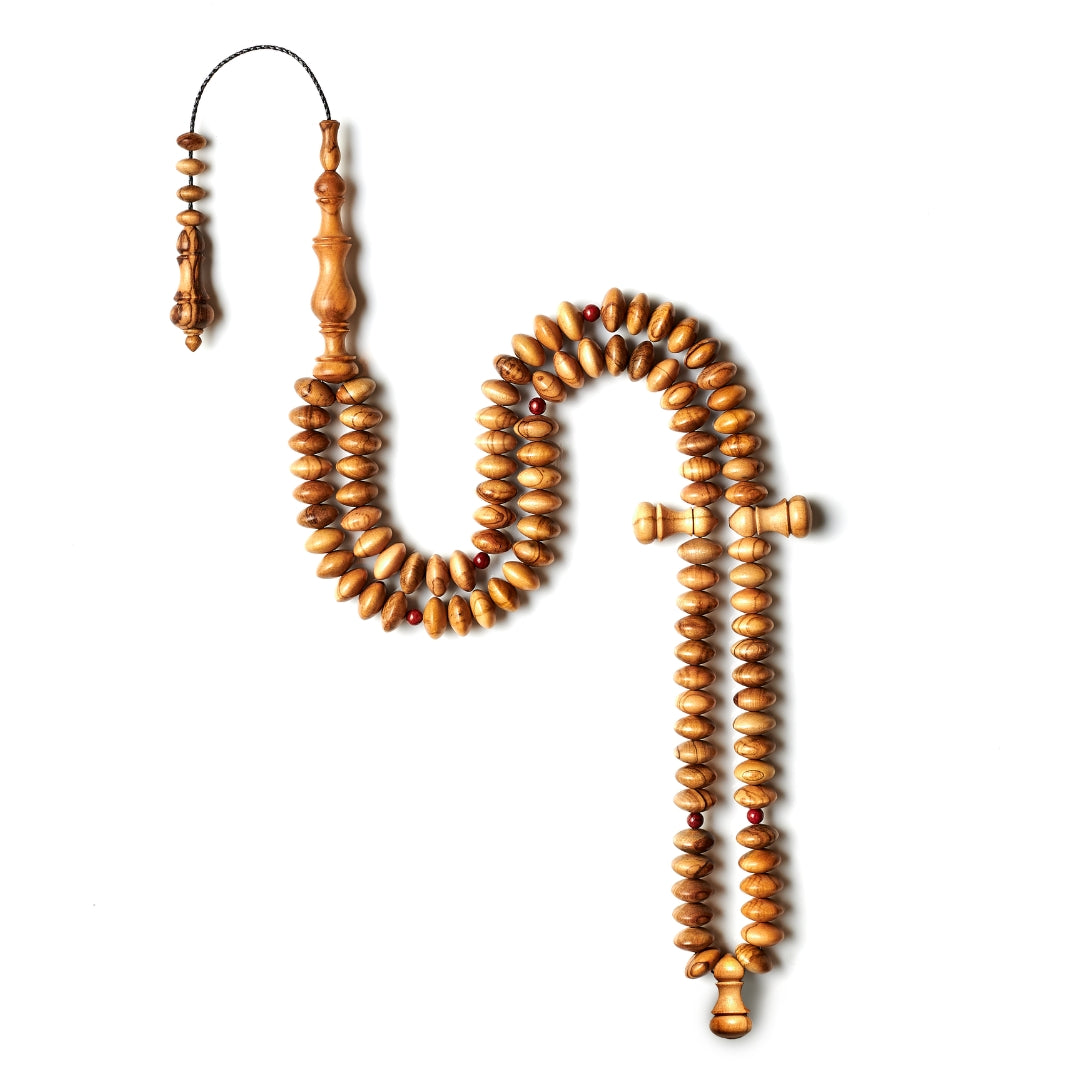 The Dazzling Disk Misbaha: Olive Wood and Jasper - 100 Beads, 12mm