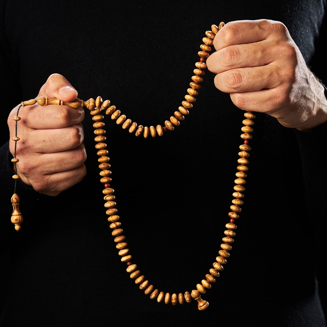 The Dazzling Disk Misbaha: Olive Wood and Jasper - 99 Beads, 12mm
