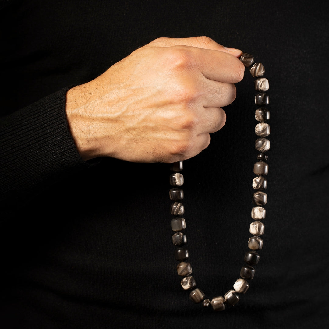 The Connoisseur Misbaha: Marbled Bubalus (Pomme Edition), 33 Beads, 13mm