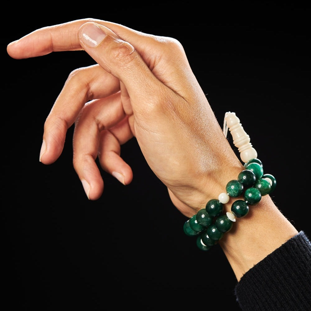 The Voyager Misbaha Bracelet: Green Mica and Dromedary (Unisex) - 33 Beads, 10mm