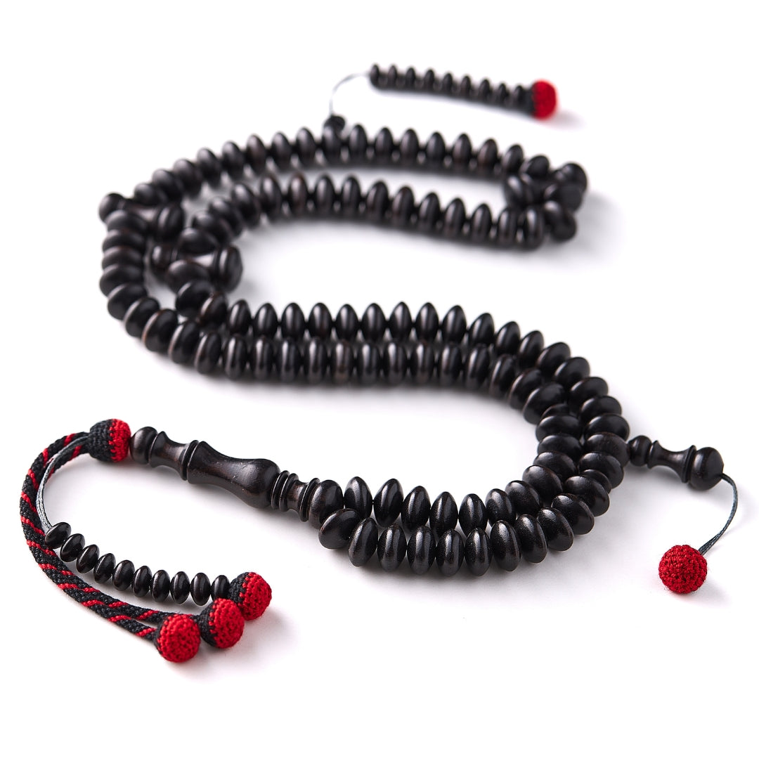 The Dignified Disks Misbaha (Artisanal Tassels): Exotic Ebony - 100 Beads, 12mm