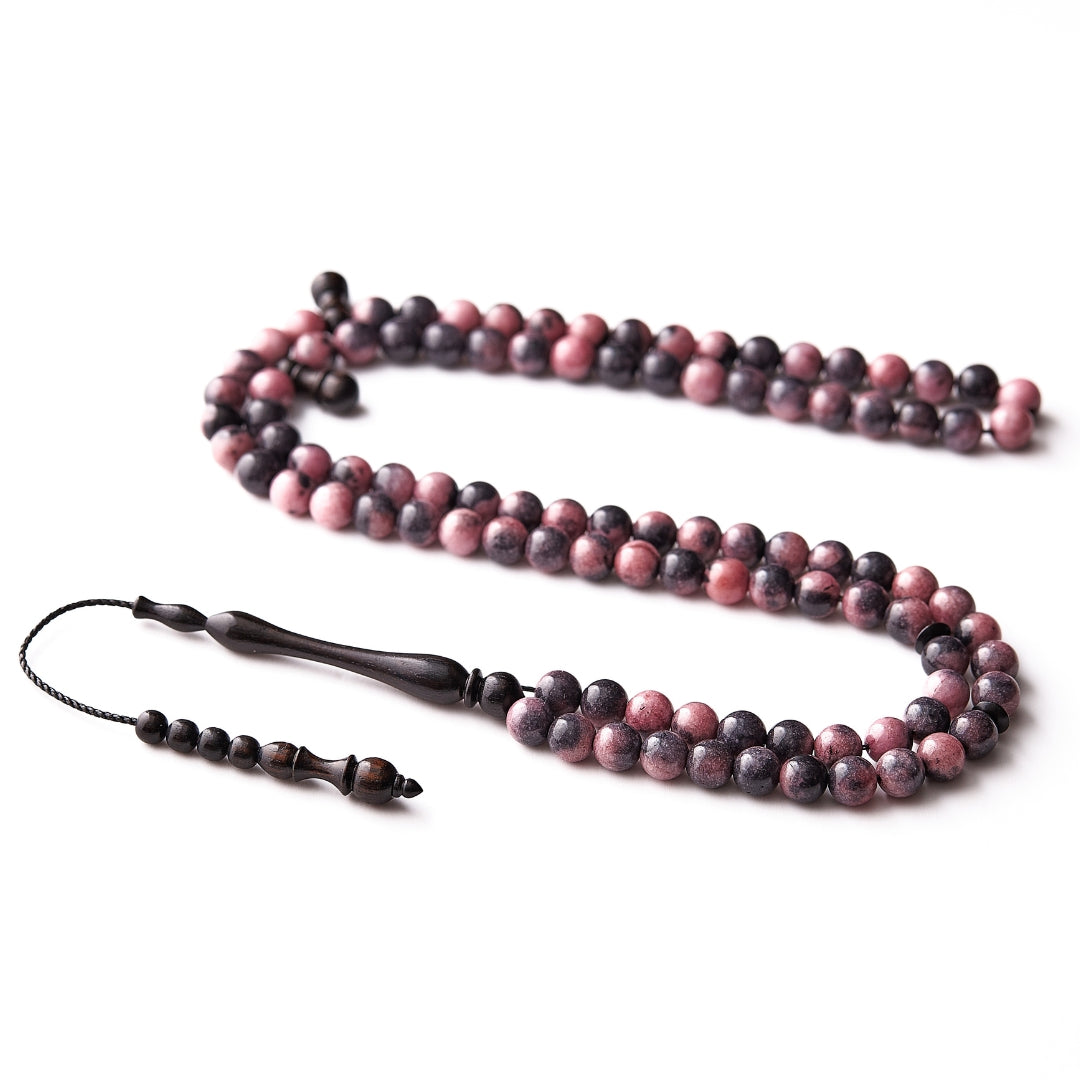 The Rhodus Misbaha: Rhodonite and Ebony - 99 Beads, 8mm