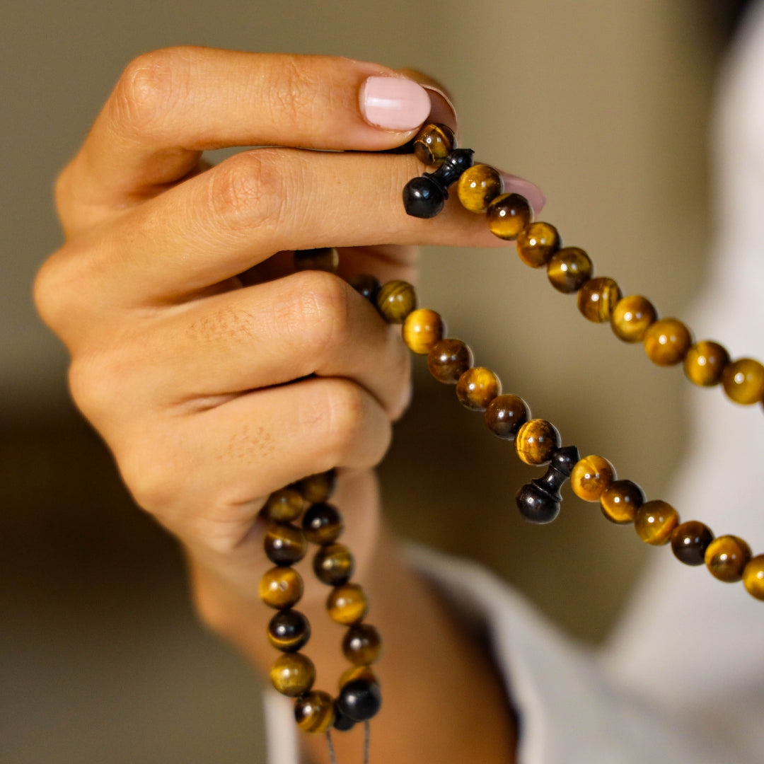 The Courage Misbaha: Tiger's Eye and Ebony, 100 Beads, 8mm