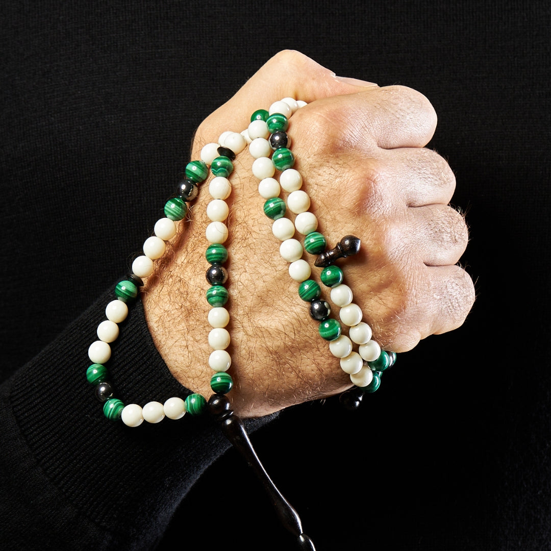 The Hadid Misbaha: Malachite, Hematite, and Dromedary - 99 Beads, 8mm