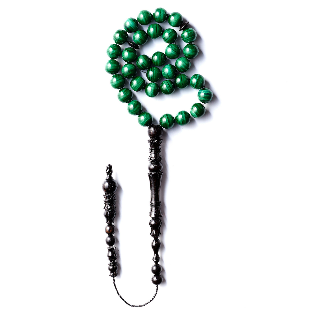 The Medinah Nights Misbaha: Malachite and Ebony - 33 Beads, 10mm