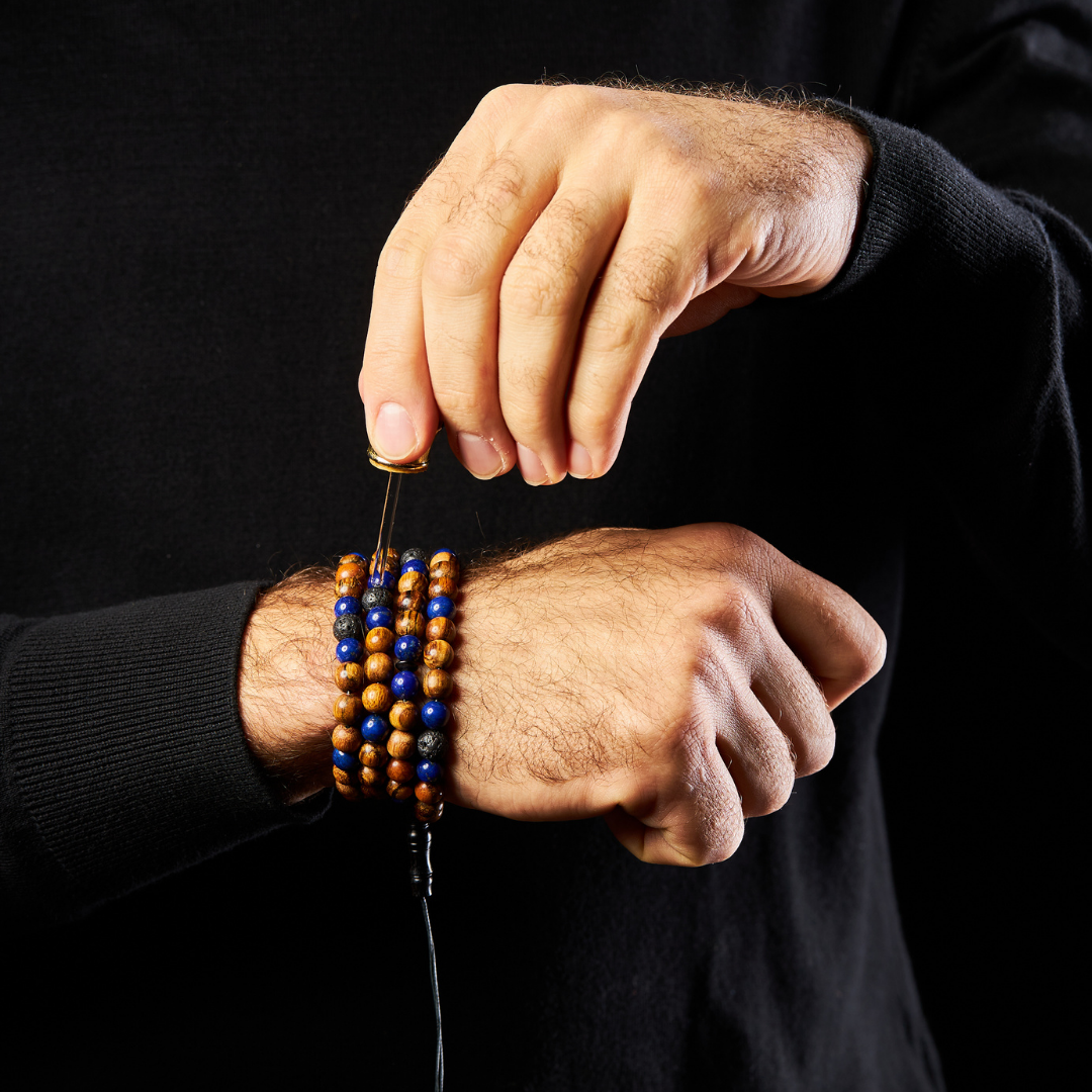 The Companion Misbaha Bracelet: Lapis Lazuli, Oud and Lava - 99 Beads, 8mm