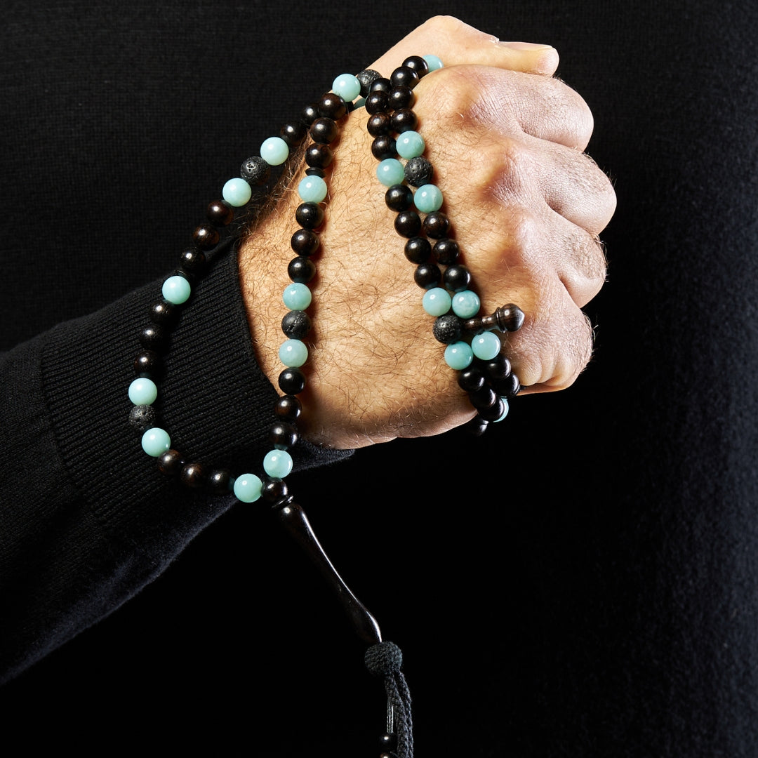 The One-Million Misbaha: MEDINA DOMES EDITION - Amazonite, Lava & Ebony, 100 Beads - 8mm