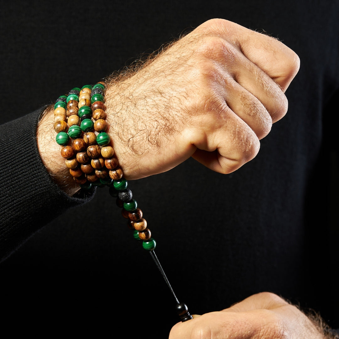 The Companion Misbaha Bracelet: Malachite, Oud and Lava - 99 Beads, 8mm