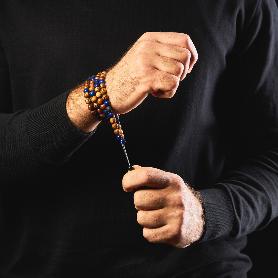The Companion Misbaha Bracelet: Lapis Lazuli, Oud and Lava - 99 Beads, 8mm