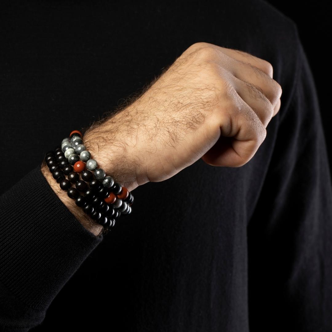 The Falcon Misbaha Bracelet: Red Jasper, Hawk’s Eye & Ebony - 99 Beads, 8mm