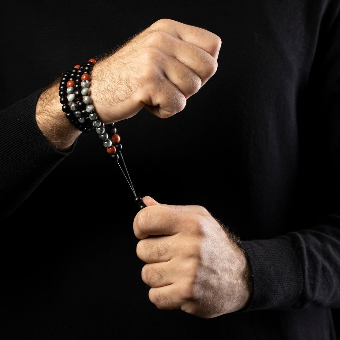 The Falcon Misbaha Bracelet: Red Jasper, Hawk’s Eye & Ebony - 99 Beads, 8mm
