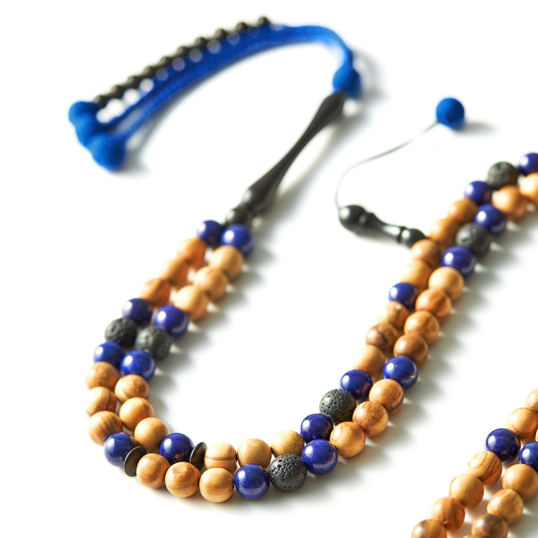 The One-Million Misbaha: al-Quds Edition - Lapis Lazuli, Lava & Olive Wood, 100 Beads - 8mm