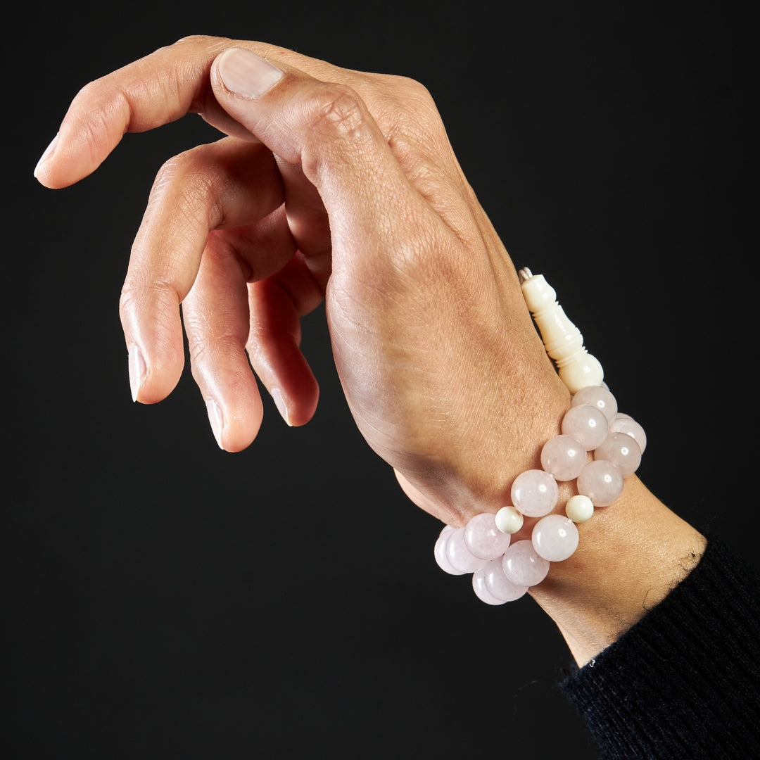 The Voyager Misbaha Bracelet: Rose Quartz and Dromedary - 33 Beads, 10mm