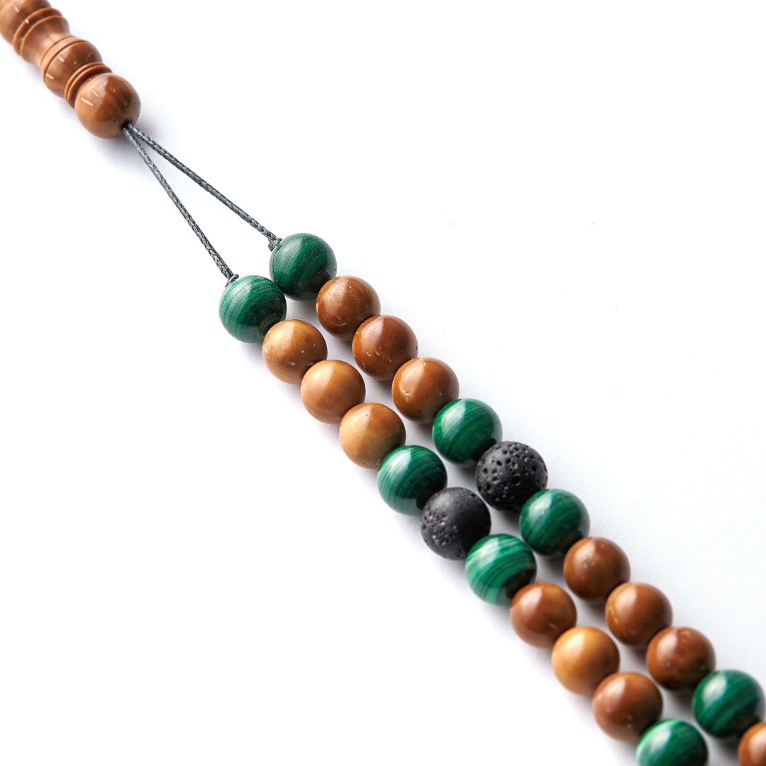The Companion Misbaha Bracelet: Malachite & Kuk Nut and Lava - 99 Beads, 8mm