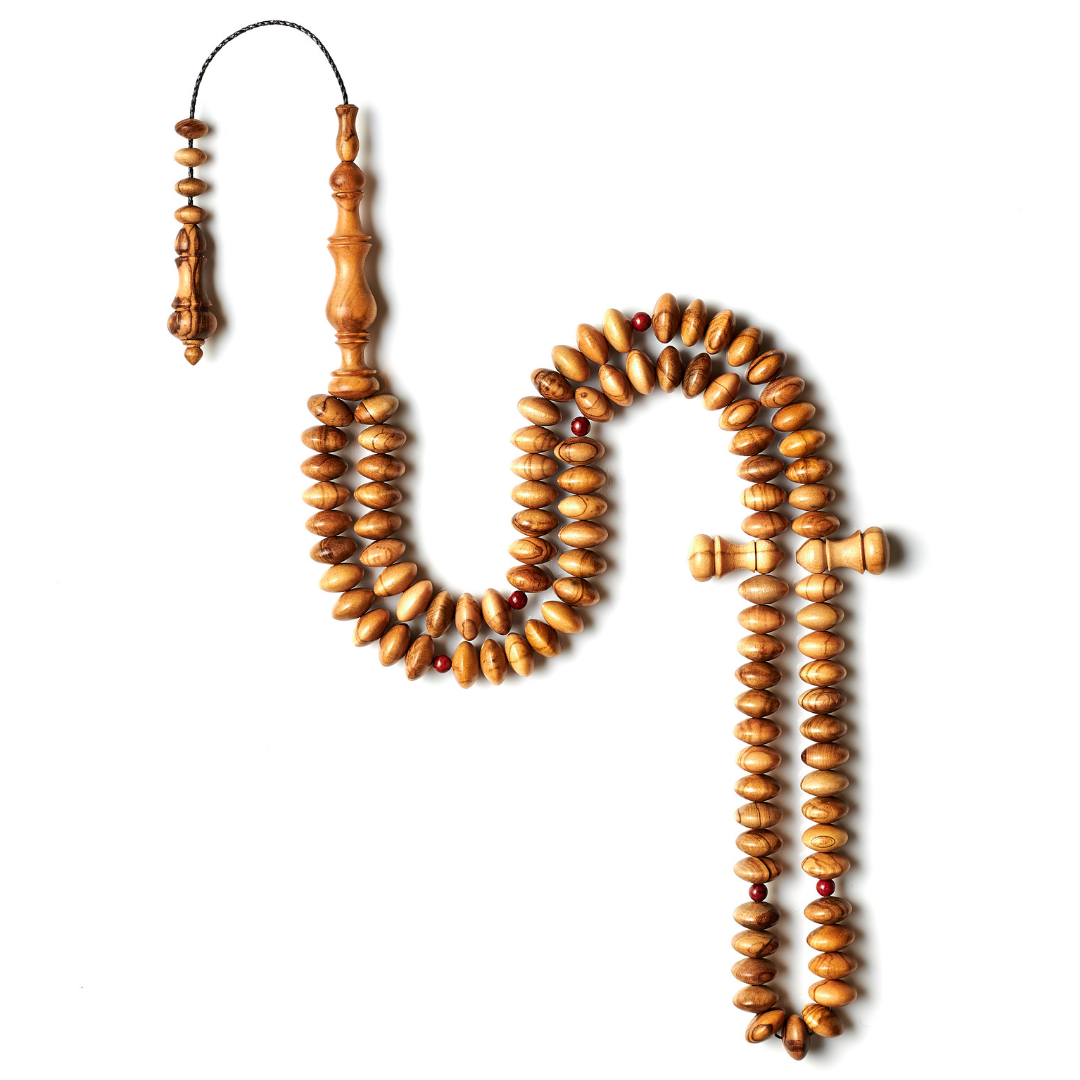The Dazzling Disk Misbaha: Olive Wood and Jasper - 99 Beads, 12mm