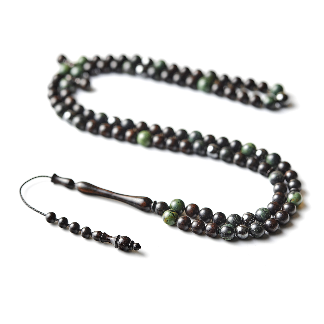 The Hadid Misbaha: Kambaba, Hematite, and Ebony - 99 Beads, 8mm