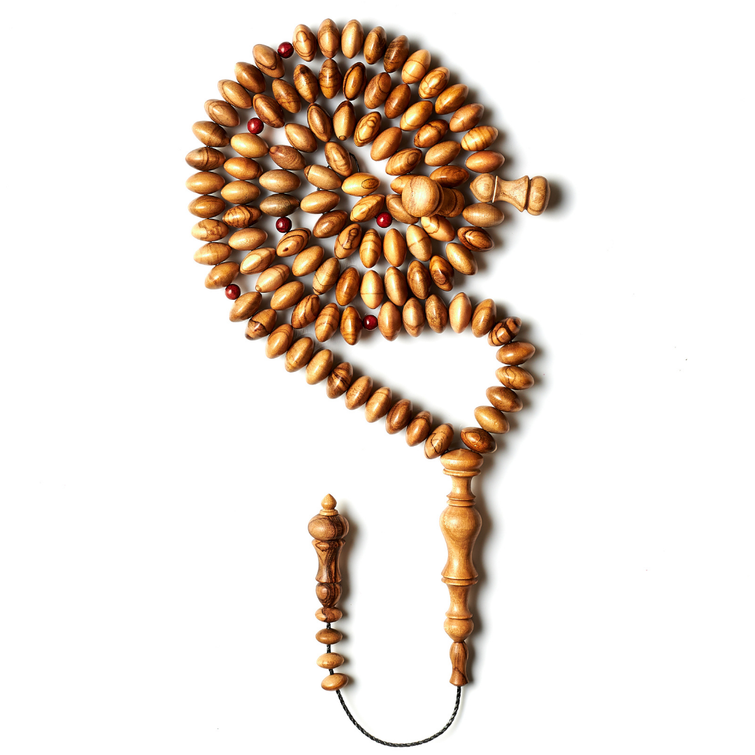 The Dazzling Disk Misbaha: Olive Wood and Jasper - 99 Beads, 12mm