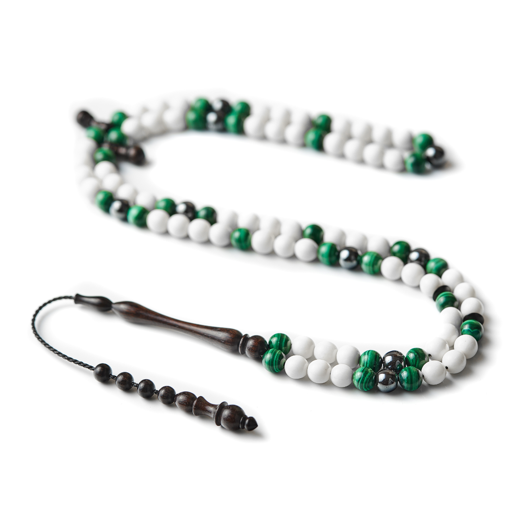 The Hadid Misbaha: Malachite, Hematite, and Dromedary - 99 Beads, 8mm