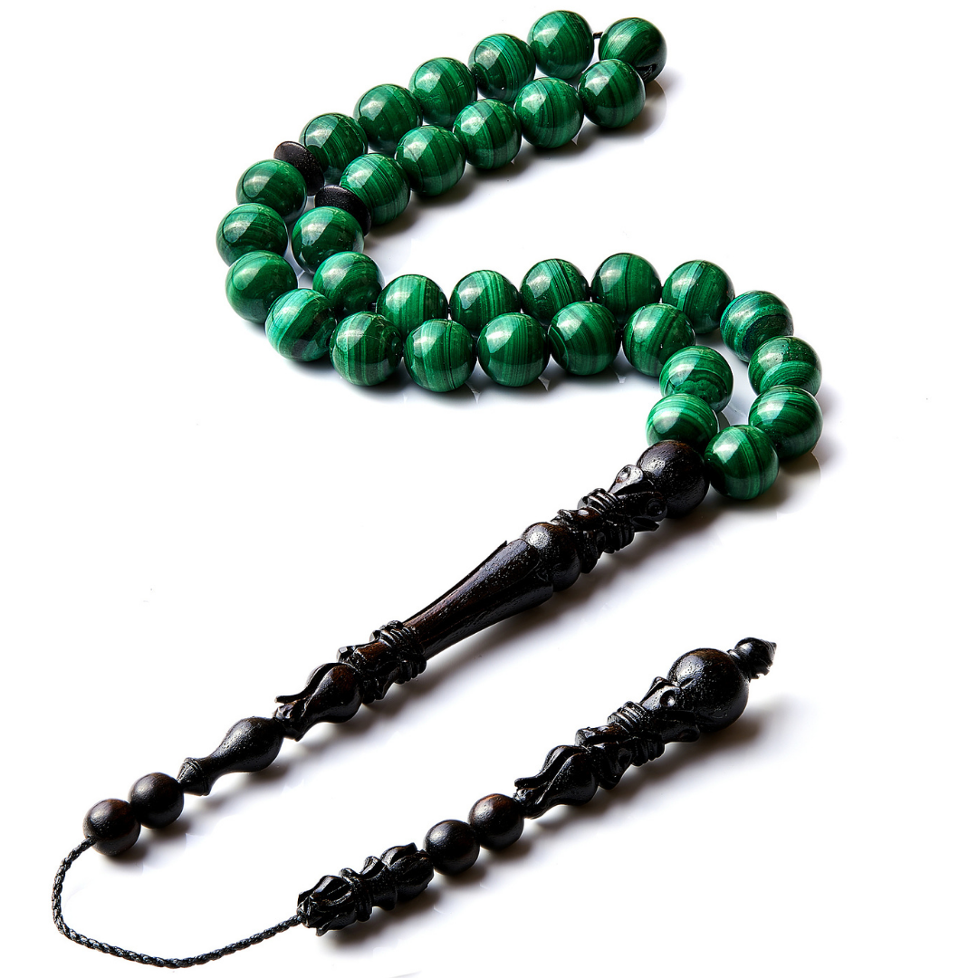 The Medinah Nights Misbaha: Malachite and Ebony - 33 Beads, 10mm