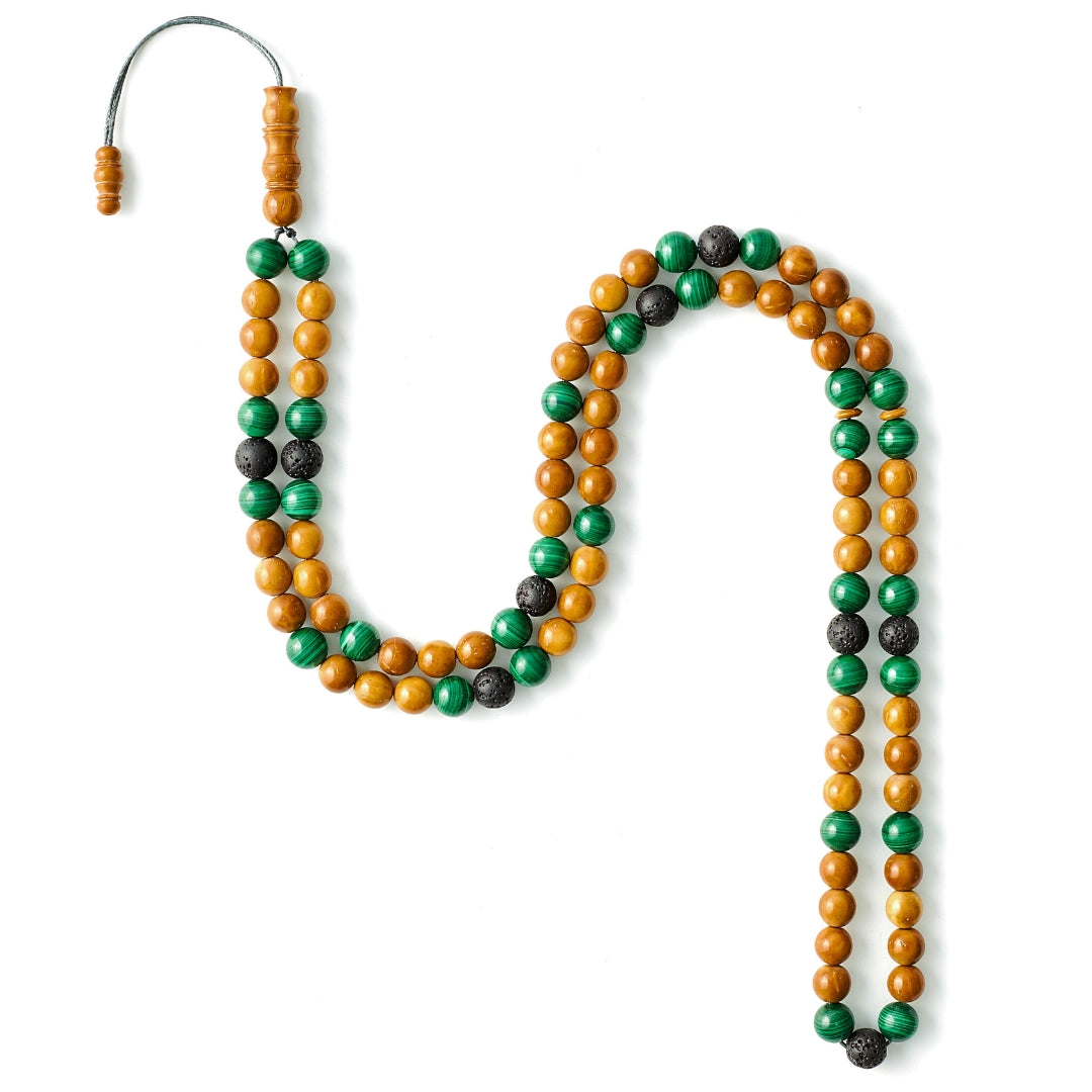 The Companion Misbaha Bracelet: Malachite & Kuk Nut and Lava - 99 Beads, 8mm