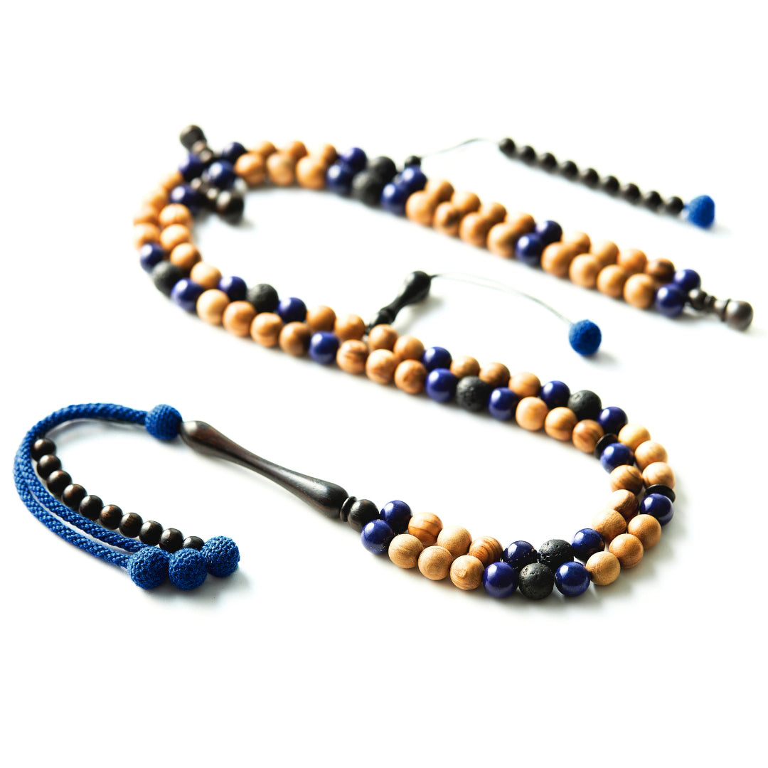 The One-Million Misbaha: al-Quds Edition - Lapis Lazuli, Lava & Olive Wood, 100 Beads - 8mm