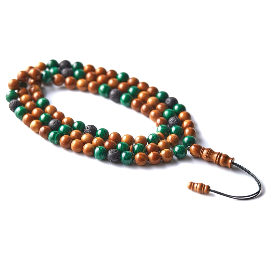 The Companion Misbaha Bracelet: Malachite & Kuk Nut and Lava - 99 Beads, 8mm