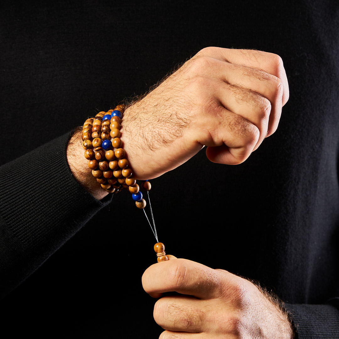 The Companion Misbaha Bracelet: Lapis Lazuli, Kuk Nut & Oud - 99 Beads, 8mm