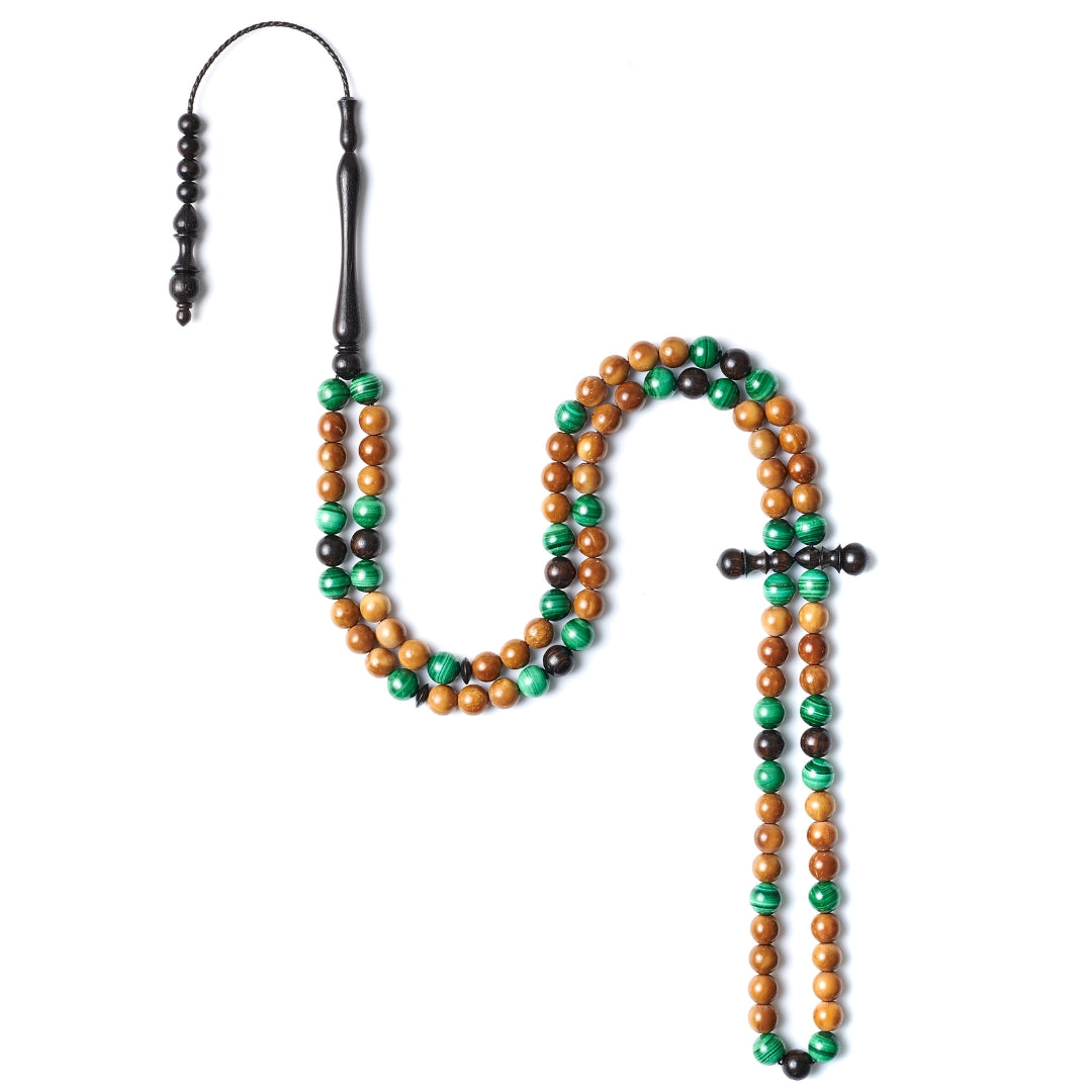 مسبحة حجر الملاكيت البديع وخشب الكوك وخشب الأبنوس - ٩٩ خرزة