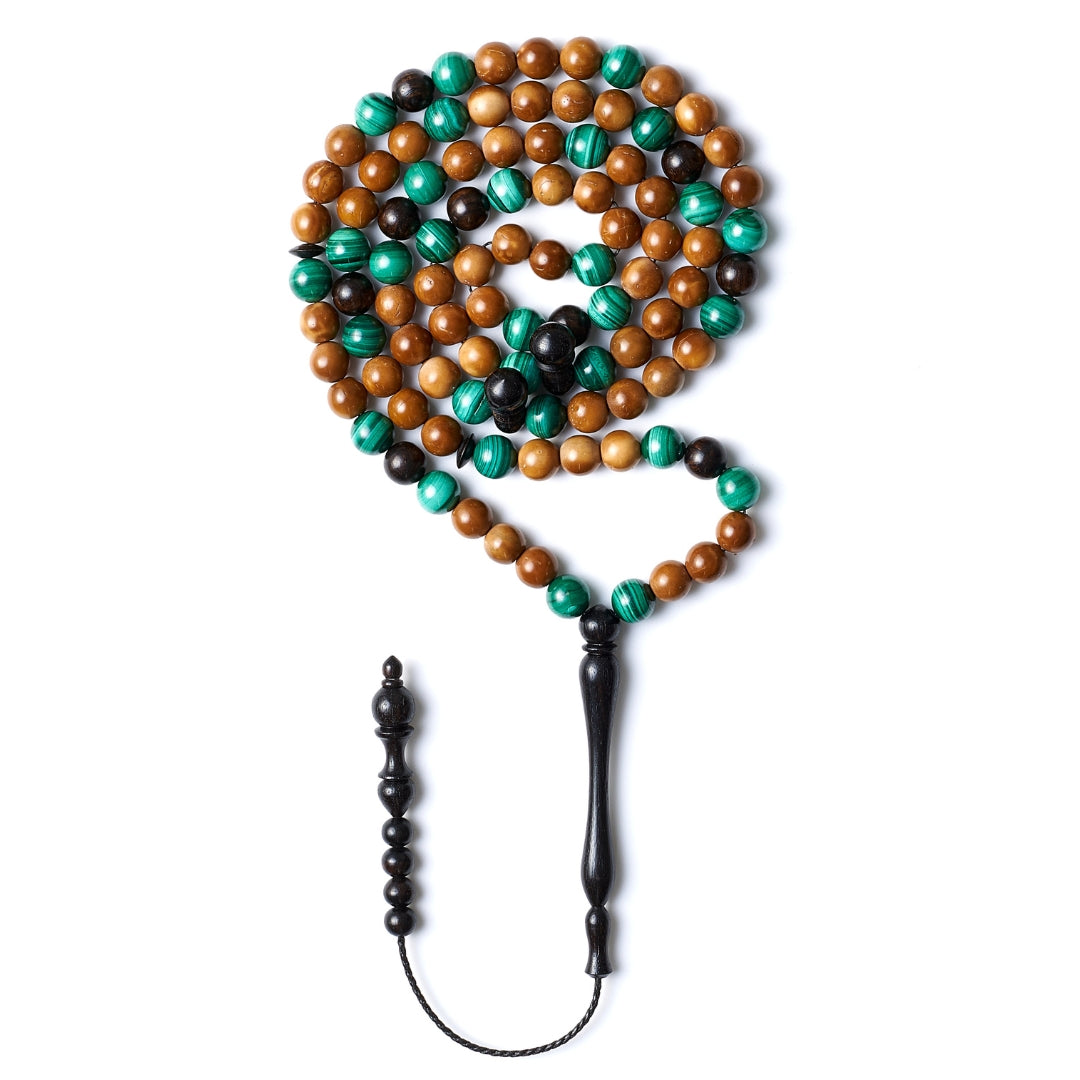 مسبحة حجر الملاكيت البديع وخشب الكوك وخشب الأبنوس - ٩٩ خرزة