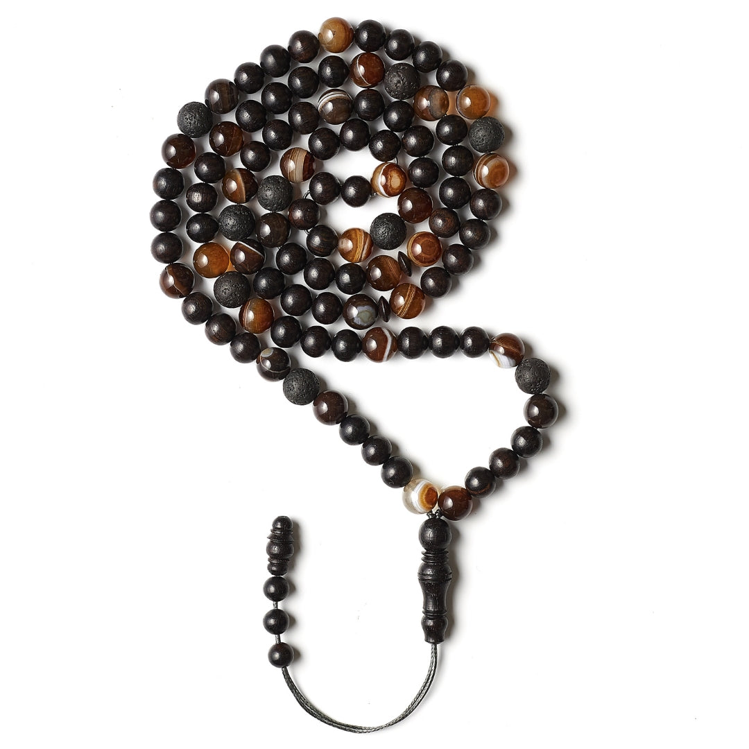 The Companion Misbaha Bracelet: Sulieman's Aqeeq, Ebony, and Lava - 99 Beads, 8mm