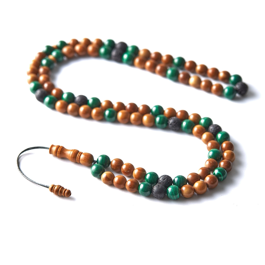 The Companion Misbaha Bracelet: Malachite & Kuk Nut and Lava - 99 Beads, 8mm