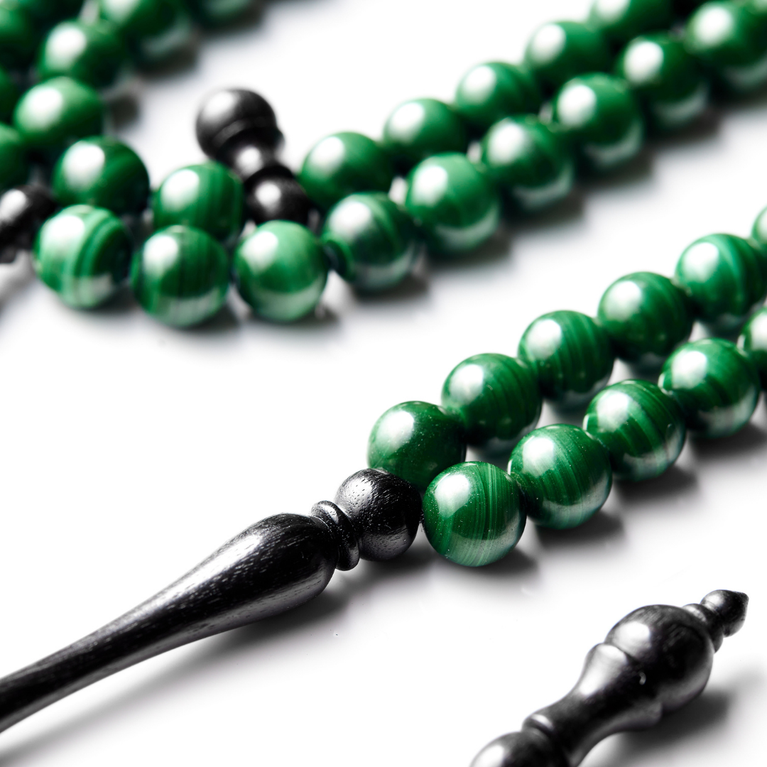 The Majestic Misbaha: Malachite and Ebony - 99 Beads,8mm