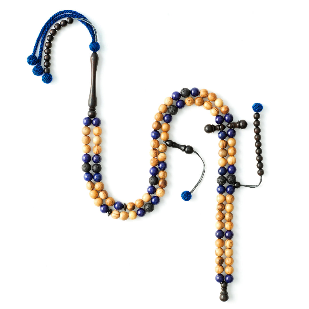 The One-Million Misbaha: al-Quds Edition - Lapis Lazuli, Lava & Olive Wood, 100 Beads - 8mm