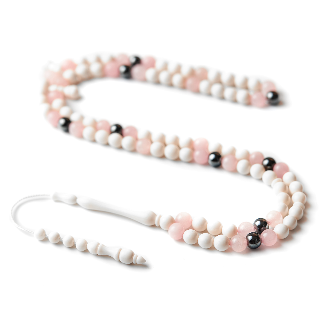 The Hadid Misbaha: Rose Quartz, Hematite, and Dromedary - 99 Beads, 8mm