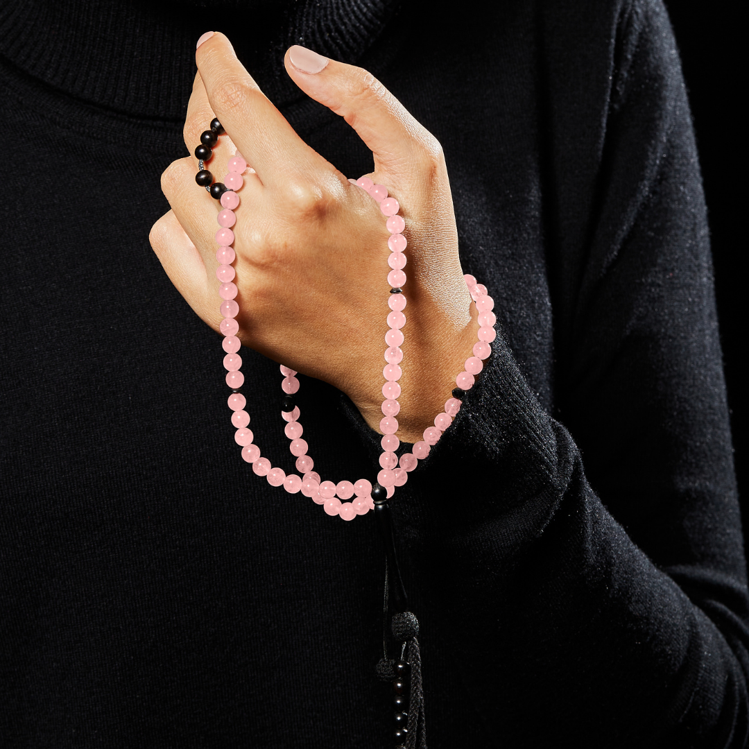 The Lady Misbaha: Rose Quartz and Ebony - 100 Beads, 6mm
