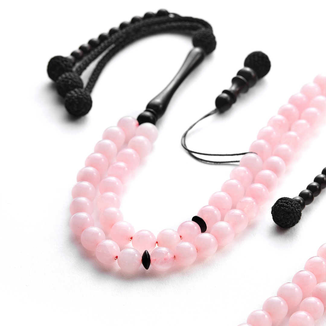 The Lady Misbaha: Rose Quartz and Ebony - 100 Beads, 6mm