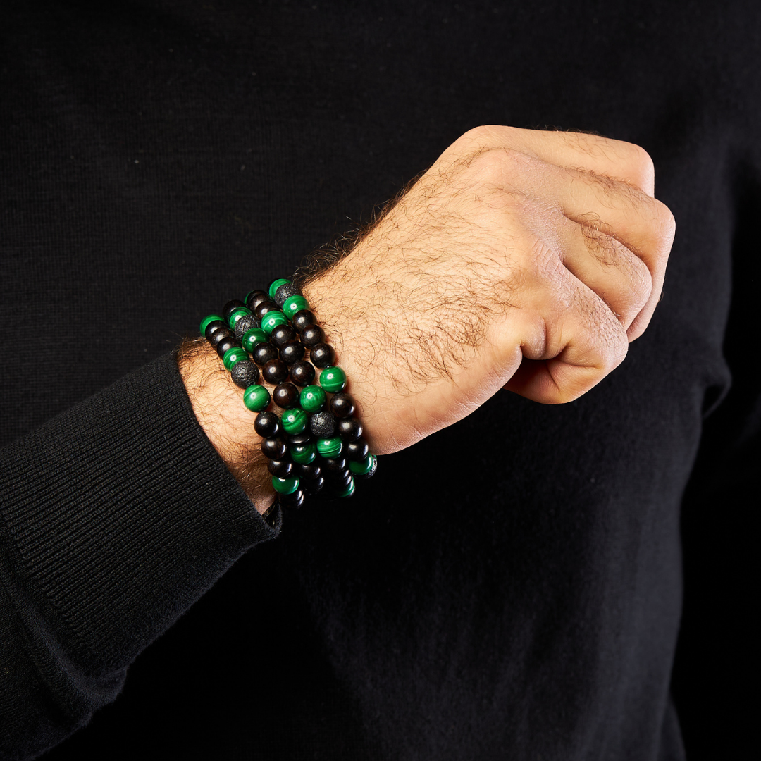 The Companion Misbaha Bracelet: Malachite, Ebony and Lava - 99 Beads, 8mm