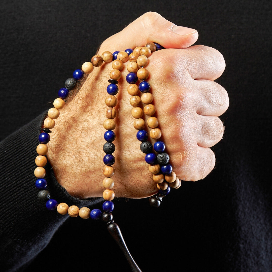 The One-Million Misbaha: al-Quds Edition - Lapis Lazuli, Lava & Olive Wood, 100 Beads - 8mm