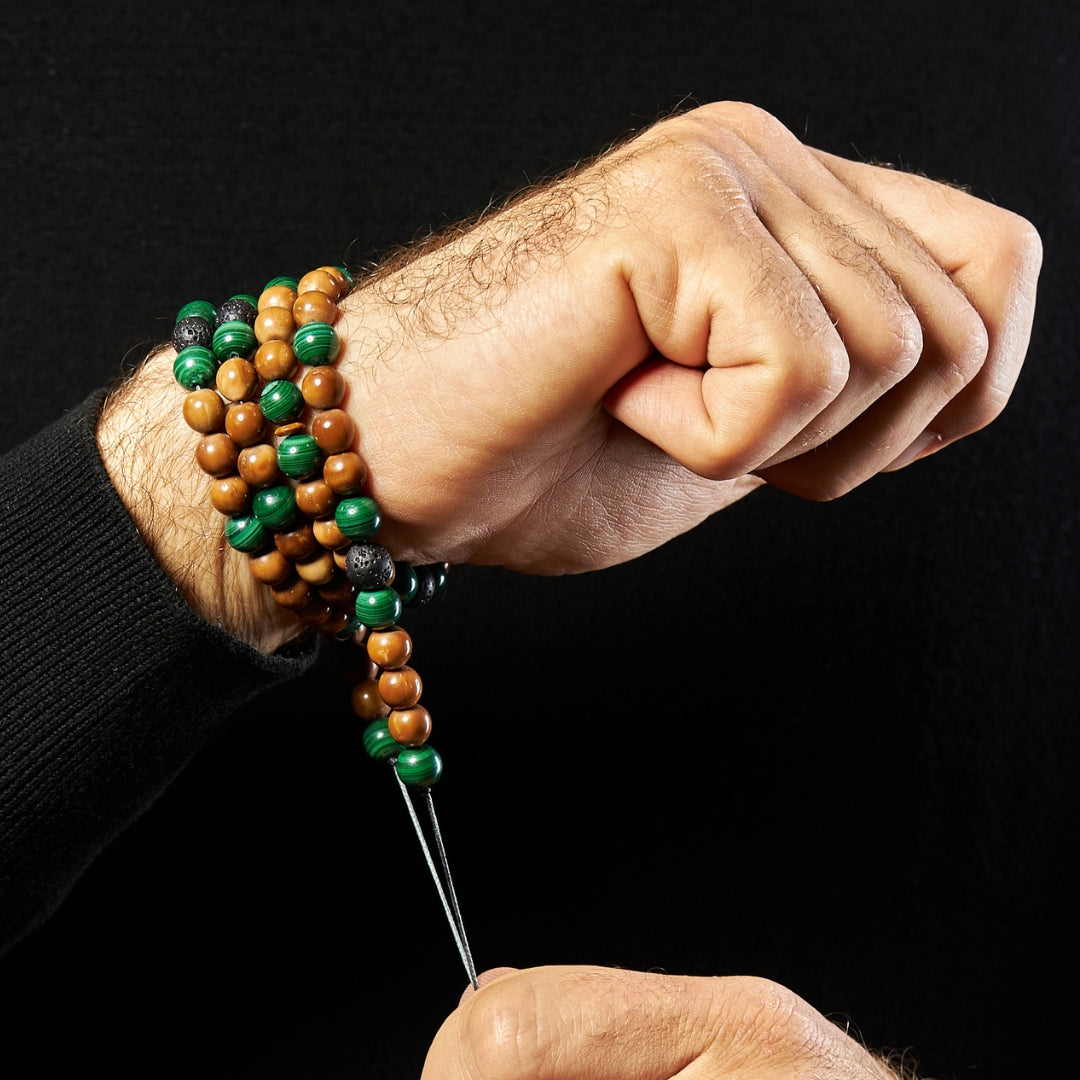 The Companion Misbaha Bracelet: Malachite & Kuk Nut and Lava - 99 Beads, 8mm