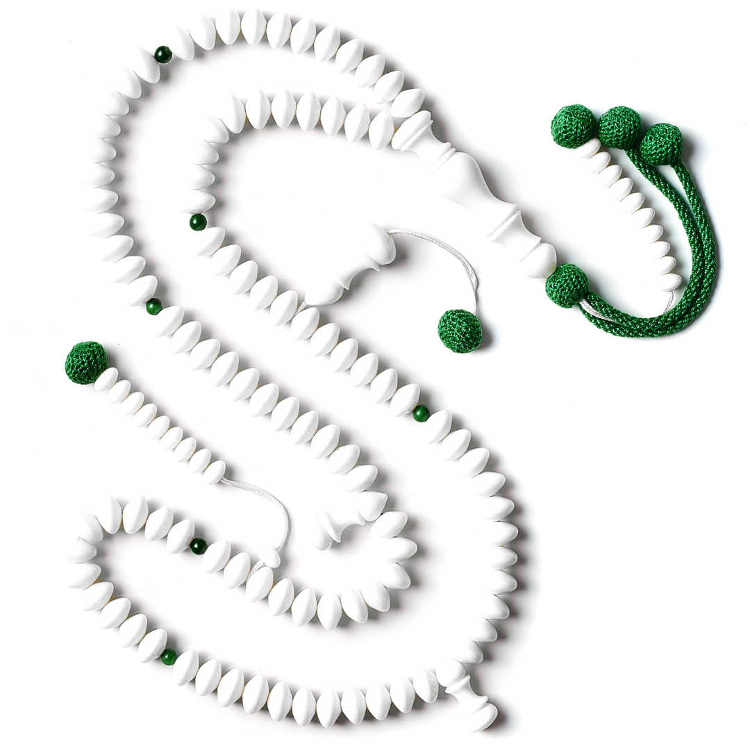 The Dignified Disks Misbaha: Malachite & Dromedary - 99 Beads, 12mm