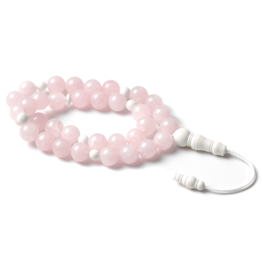 The Voyager Misbaha Bracelet: Rose Quartz and Dromedary - 33 Beads, 10mm